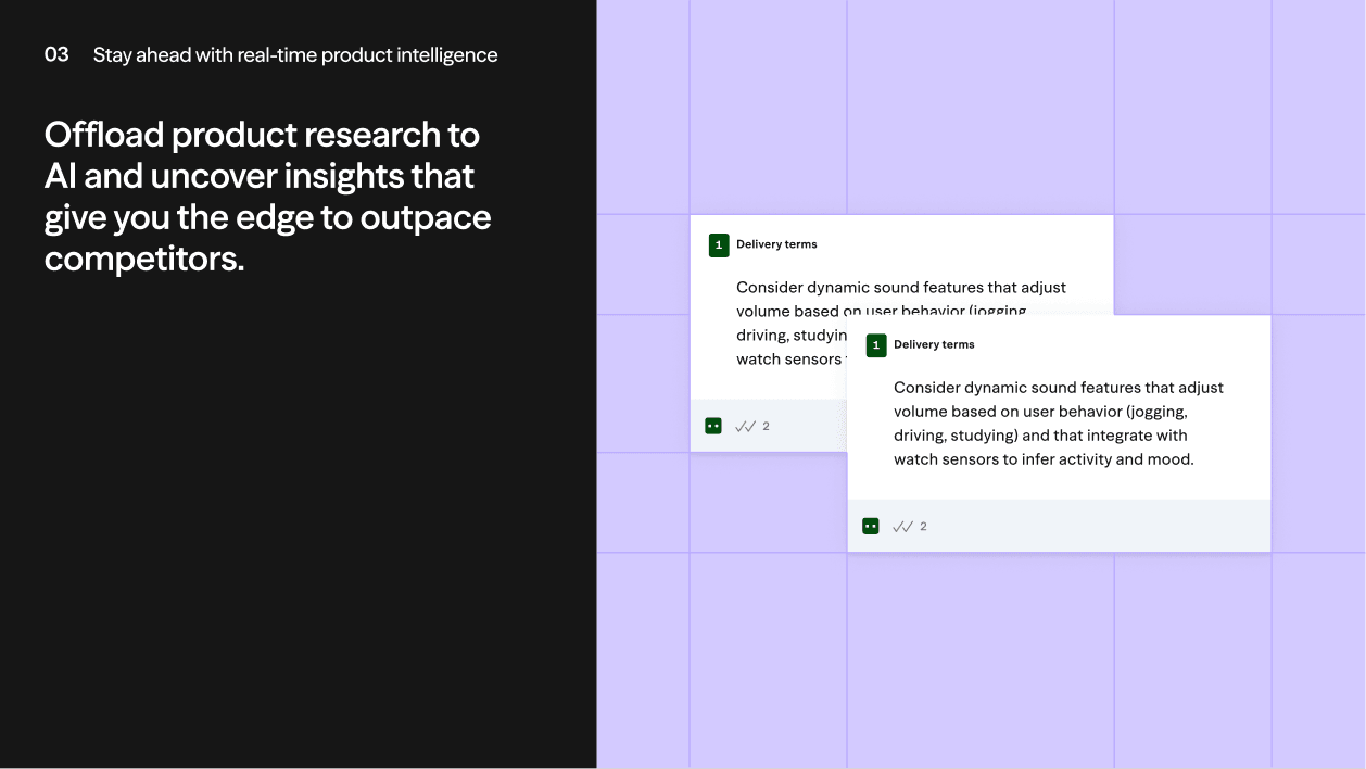 Airspace product-intelligence slide with stacked research cards