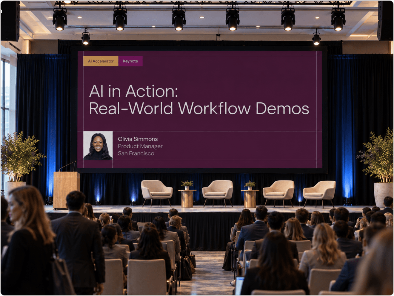 AI in Action presentation in a crowded event space