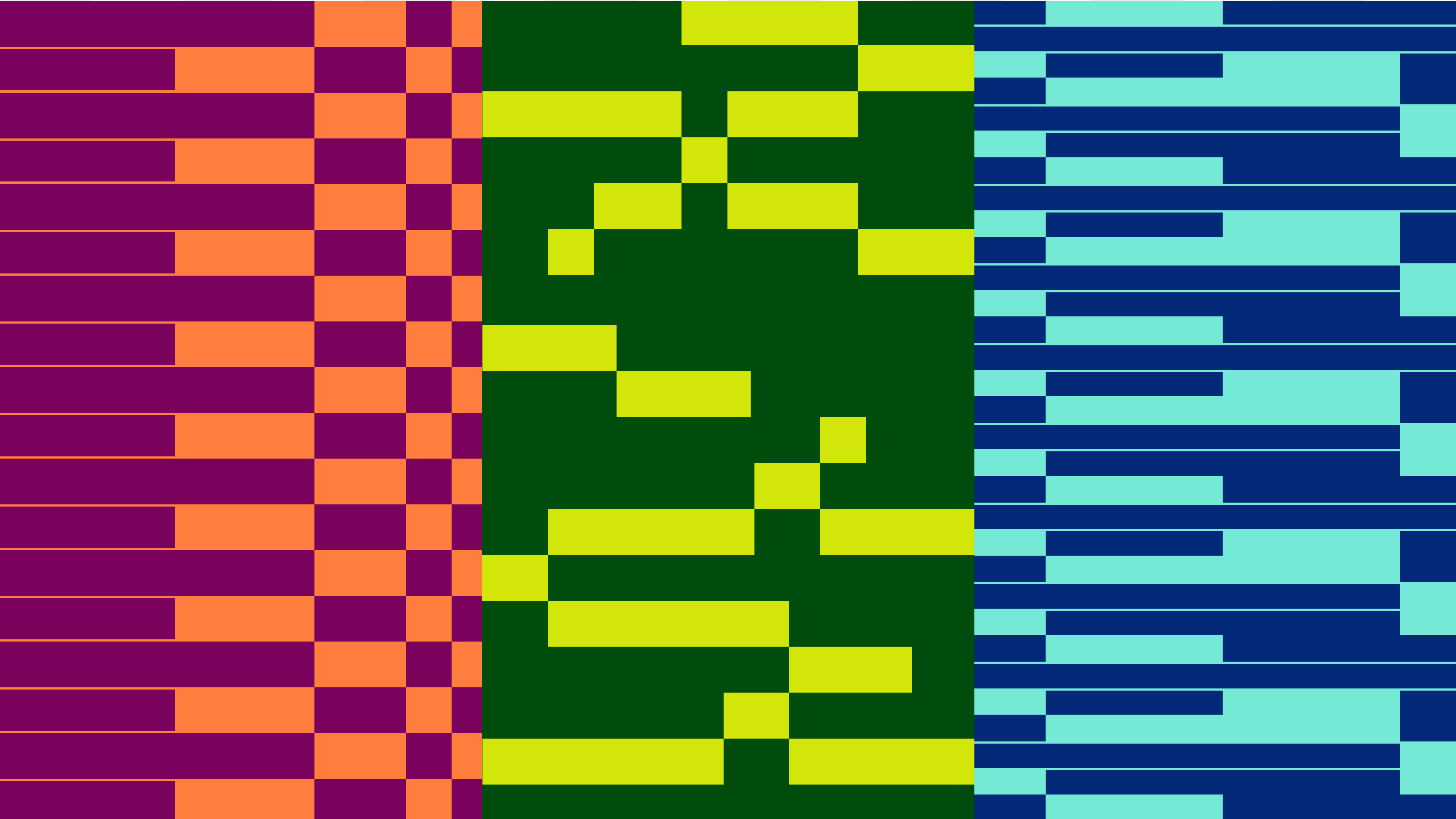 Three event identity patterns in plum, green, and blue