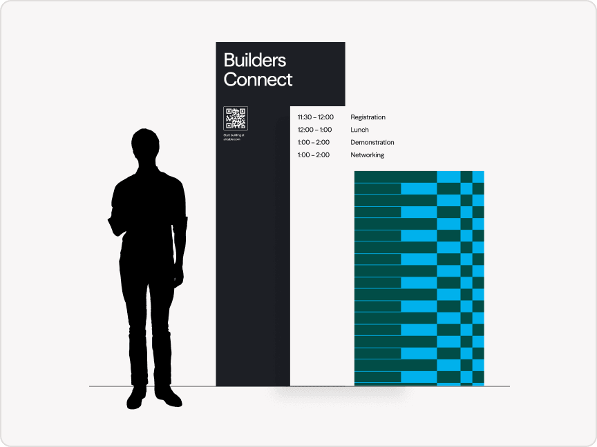Event signage system shown across several formats